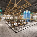Modern Spacious Restaurant Interior With Wooden Ceiling Hanging Lights And Dining Tables