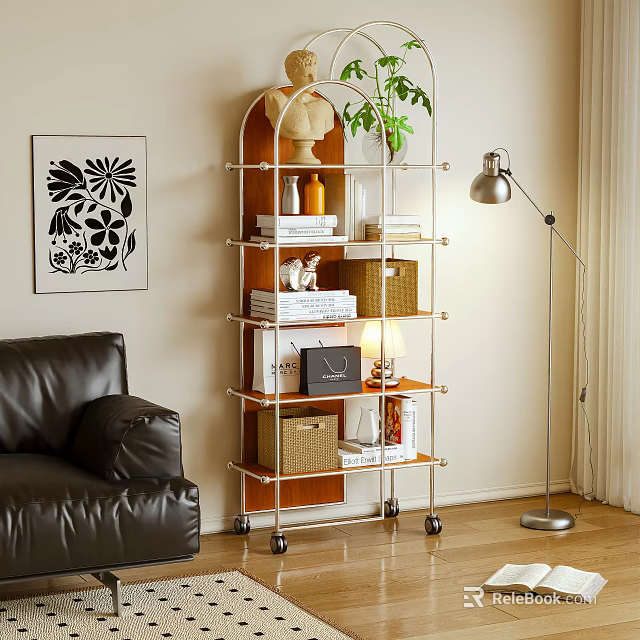 Modern Bookshelf With Wheels Featuring Books Plant Baskets And Lamp In Living Room 3d model 