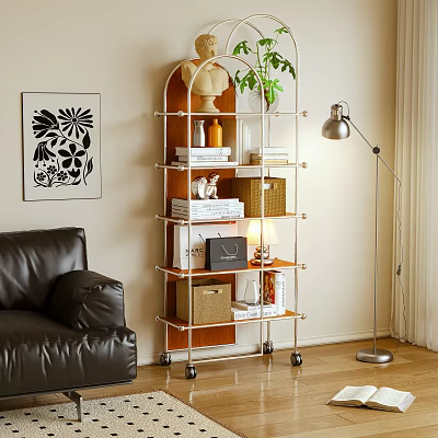 Modern Bookshelf With Wheels Featuring Books Plant Baskets And Lamp In Living Room 3d model