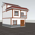 Traditional Chinese Two Story Building With White Walls And Brown Roof Design