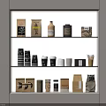 Three Layer Food Display Shelf With Packaged Coffee Beans Cups Jars And Boxes 3d model