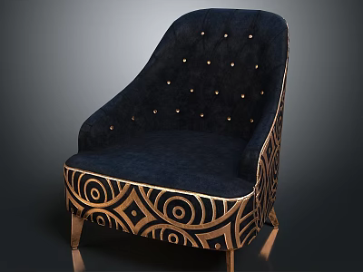 Luxury Navy Blue Accent Chair With Tufted Backrest Gold Metal Legs And Swirl Pattern Trim 3d model