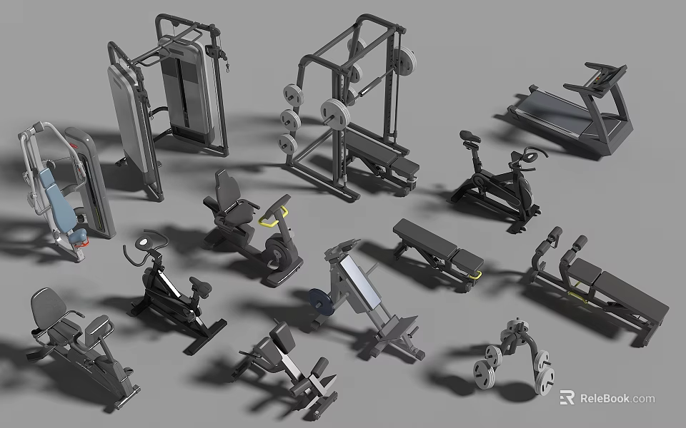 Various Types of Gym Fitness Equipment Including Treadmill and Weight Machines 3d model 