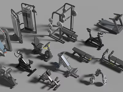Various Types of Gym Fitness Equipment Including Treadmill and Weight Machines 3d model