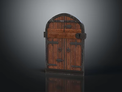 Double Paneled Vintage Wooden Door With Arched Top And Metal Hardware 3d model