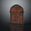 Double Paneled Vintage Wooden Door With Arched Top And Metal Hardware