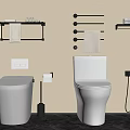 Modern Bathroom Interior With Two White Toilets Towel Racks And Wall Shelves