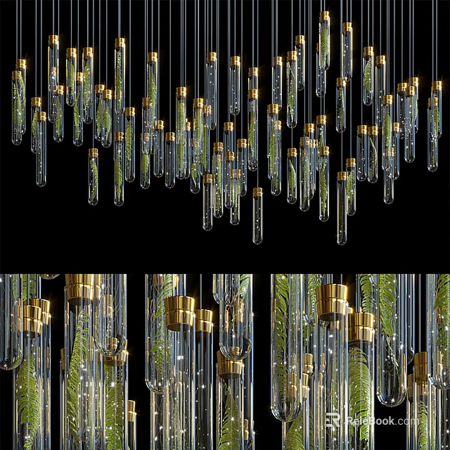 Modern Elegant Chandelier With Glass Tubes Golden Bases And Green Plants For Contemporary Interior Decor 3d model 