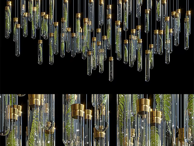Modern Elegant Chandelier With Glass Tubes Golden Bases And Green Plants For Contemporary Interior Decor 3d model