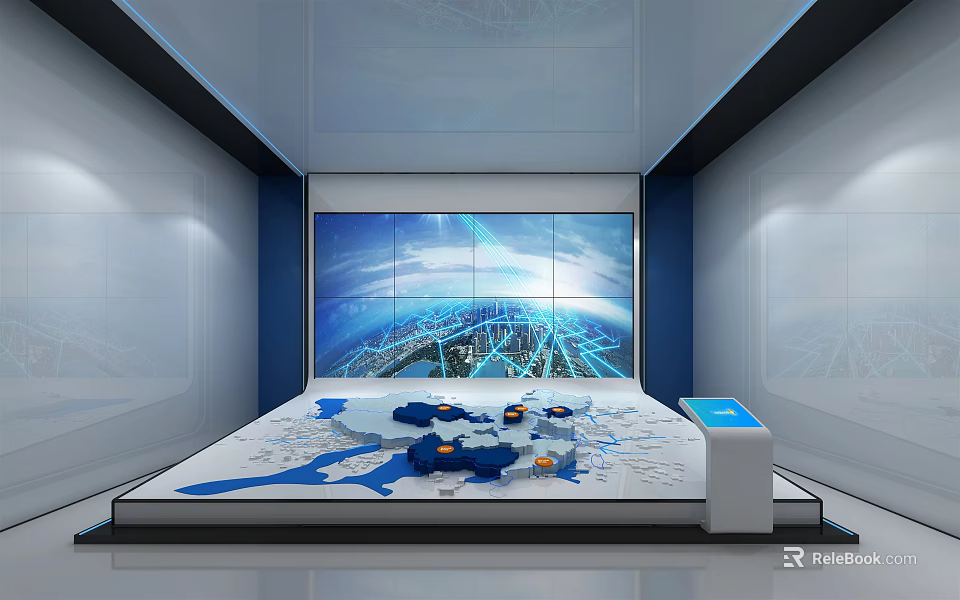 Modern Exhibition Hall With Interactive Sand Table Blue White Models And Tech Inspired Display Screen 3d model 