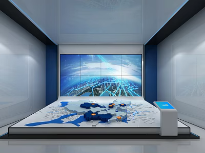 Modern Exhibition Hall With Interactive Sand Table Blue White Models And Tech Inspired Display Screen 3d model