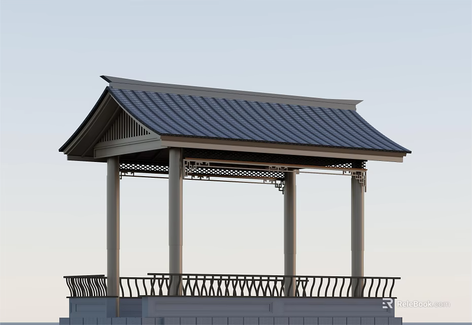 Traditional Chinese Garden Pavilion Featuring Tiled Roof Columns and Ornate Railing 3d model 