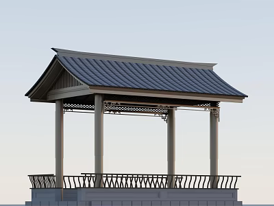 Traditional Chinese Garden Pavilion Featuring Tiled Roof Columns and Ornate Railing 3d model