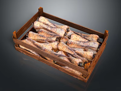 Fresh Organic Root Vegetables Neatly Arranged In Wooden Crate On Dark Background 3d model
