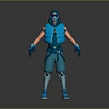 Hooded Masked Blue Character in Vest Shorts and Boots as Futuristic Biological Model