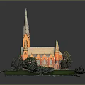 Cartoon Scene Featuring a Church with Tall Spires Red Gold Exterior Green Grass and Trees