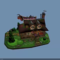 Cartoon Doll Shop Cottage With Mossy Roof Green Lawn Steps And Goat Figure