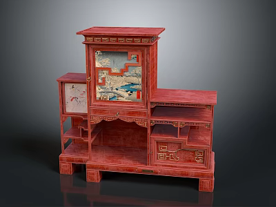 Traditional Chinese Red Bookcase With Intricate Carvings And Decorative Paintings 3d model