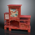 Traditional Chinese Red Bookcase With Intricate Carvings And Decorative Paintings
