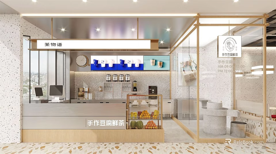 Handmade Fresh Milk Tea Shop With Open Counter Fruit Display And Modern Interior 3d model 