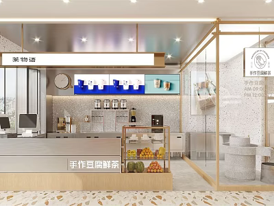 Handmade Fresh Milk Tea Shop With Open Counter Fruit Display And Modern Interior 3d model