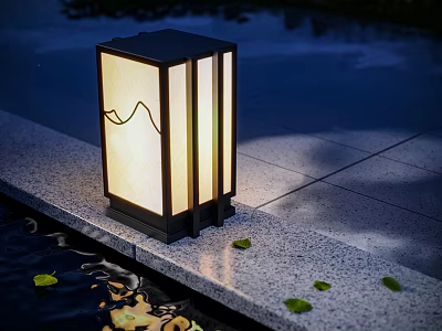 Outdoor Square Lantern With Black Frame Mountain Pattern And Soft Glow On Stone Path 3d model