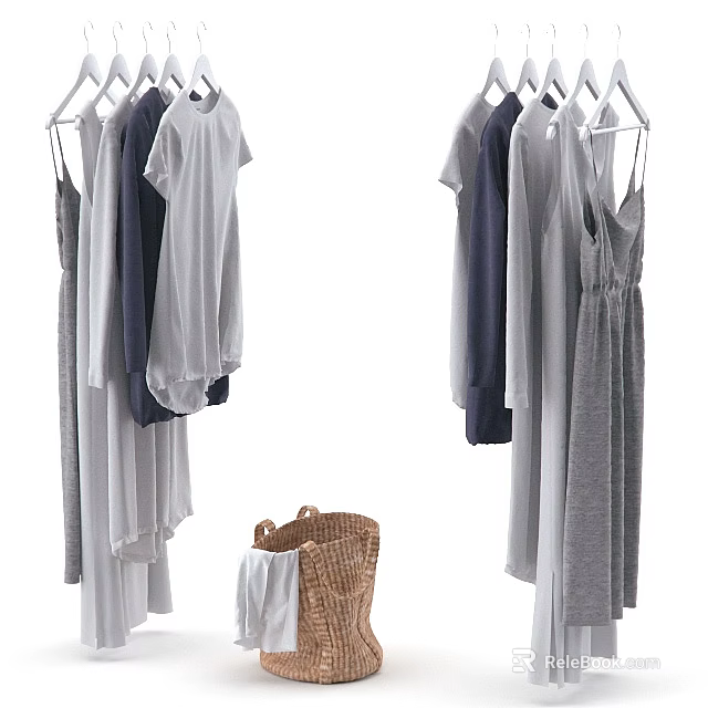 Hanging Clothes in Different Styles and Colors with Woven Basket 3d model 