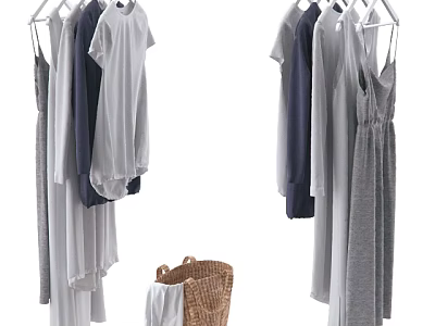 Hanging Clothes in Different Styles and Colors with Woven Basket 3d model