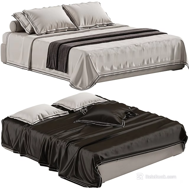Modern Double Bed Designs Featuring Light Gray Striped Cover And Dark Silk Bedspread With Pillows 3d model 