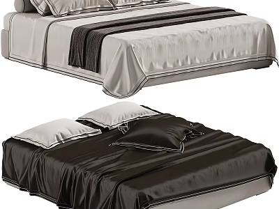 Modern Double Bed Designs Featuring Light Gray Striped Cover And Dark Silk Bedspread With Pillows 3d model
