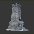 Scenic Landscape with Ancient Stone Tower Featuring Steps and a Lion Statue 3d model