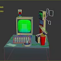 Vintage Electronic Devices Setup With Green Screen Monitor Keyboard Telephone Desk Lamp And Cup