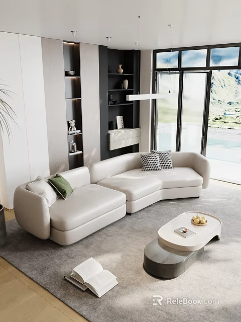 Modern Living Room Interior With Curved White Sofa Green Black Pillows Round Coffee Table 3d model 