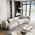 Modern Living Room Interior With Curved White Sofa Green Black Pillows Round Coffee Table