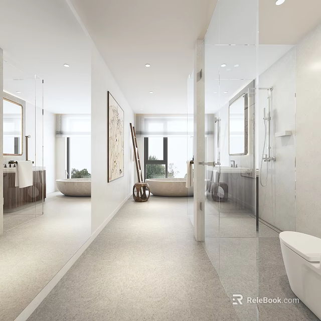 Modern Bathroom Interior With Glass Shower Partition Light Colored Tiles And Freestanding Bathtub 3d model 