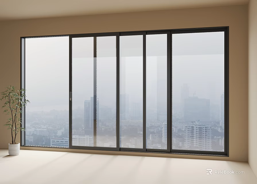 Large Casement Windows in Room Interior with City View Light Floor Beige Walls and Plant 3d model 