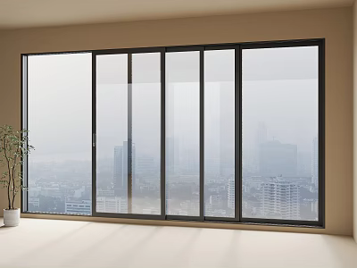 Large Casement Windows in Room Interior with City View Light Floor Beige Walls and Plant 3d model