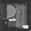 Modern Bathroom With Dark Marble Walls Round Mirror Washing Machine Walk In Shower White Toilet
