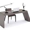 Modern Gray Desk With Laptop Table Lamp Decorative Sculpture And Chair