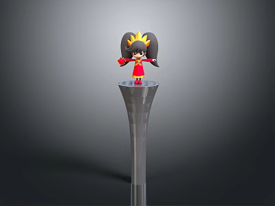 Cartoon Woman in Red Outfit With Golden Crown Standing on Top of Tall Silver Pillar 3d model