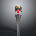 Cartoon Woman in Red Outfit With Golden Crown Standing on Top of Tall Silver Pillar