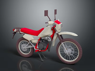 Red Seat Off Road Motorcycle With White Body Knobby Tires And Rear Luggage Rack 3d model
