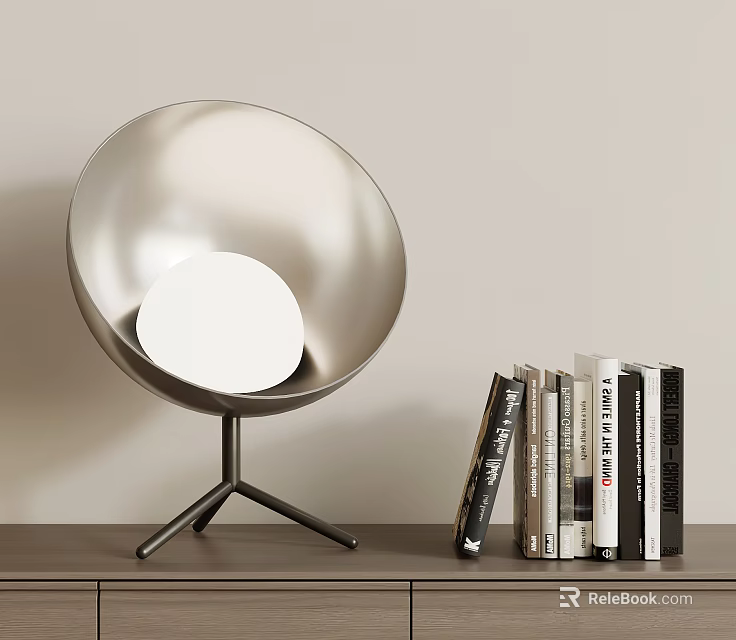 Silver Spherical Table Lamp With Tripod Base And Stacked Books On Desk 3d model 