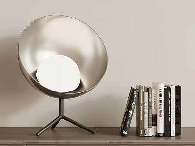 Silver Spherical Table Lamp With Tripod Base And Stacked Books On Desk 3d model