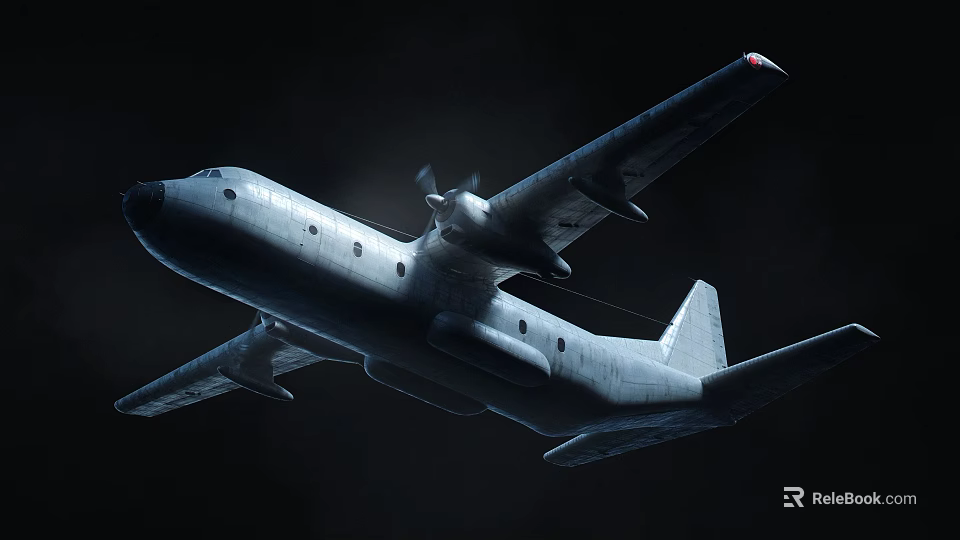 Flying Passenger Plane with Silver Body and Spiral Propellers in Dark Sky 3d model 