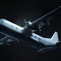 Flying Passenger Plane with Silver Body and Spiral Propellers in Dark Sky