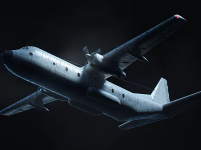 Flying Passenger Plane with Silver Body and Spiral Propellers in Dark Sky 3d model