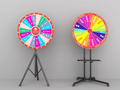 Colorful Spinning Wheels With Multiple Colored Sections Text Labels And Different Stands 3d model