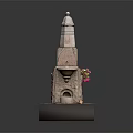 Colorful Potted Flowers Near Stone Tower And Basin On Brick Base Decorative Scene
