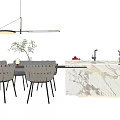 Modern Dining Table Set With Woven Chairs Pendant Light Green Plant And Marble Countertop